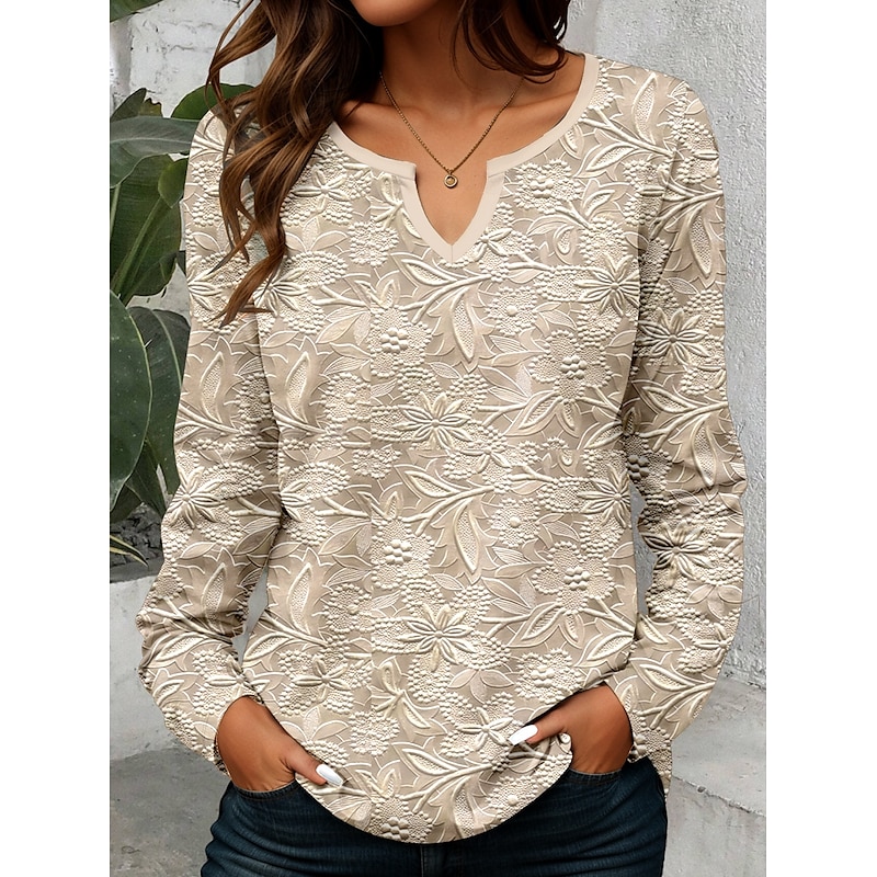 Women's T shirt Long Sleeve Floral 3D Casual Long Sleeve V Neck Notched Neck Regular Tops Daily 3D Print Print Khaki Spring Fall Prefall