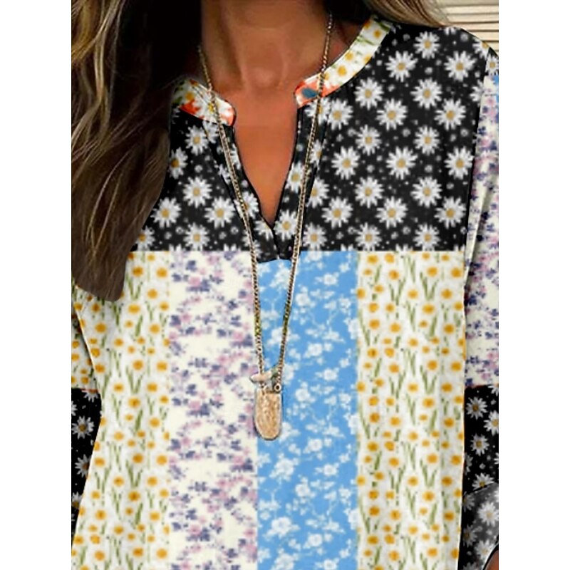Women's Blouse Floral Stylish Modern Long Sleeve V Neck Regular Tops Daily Holiday Print Black White Summer2