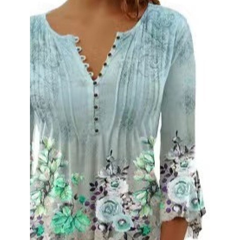 Women's Texture Blouse Blouse Floral Daily Stylish 3/4 Length Sleeve Crew Neck Regular Tops Daily Holiday Buttons Print Green Summer Spring2