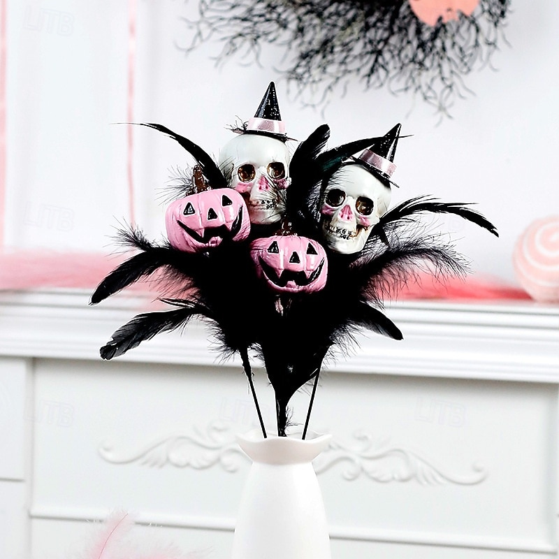 1 Bundle Halloween Faux Flower Bouquet with Feather, Pumpkin and Skull Picks, Scary Artificial Floral for Party and Home Decor