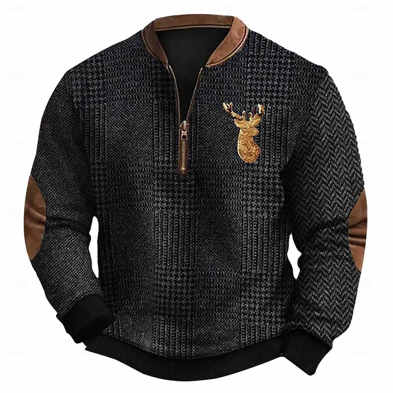 Men's Sweatshirt Quarter Zip Sweatshirt Black Half Zip Color Block Reindeer Sports & Outdoor Daily Holiday Polyester Vintage Streetwear Casual Spring &  Fall Clothing Apparel Hoodies Sweatshirts