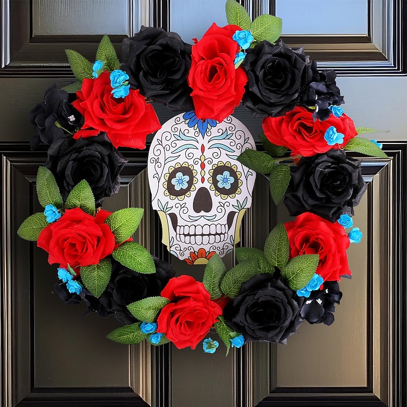 Halloween Wreaths for Front Door Indoor Outdoor Decoration, Day of the Dead Red Black Rose Wreath with Skull Sign for Window and Wall Decor