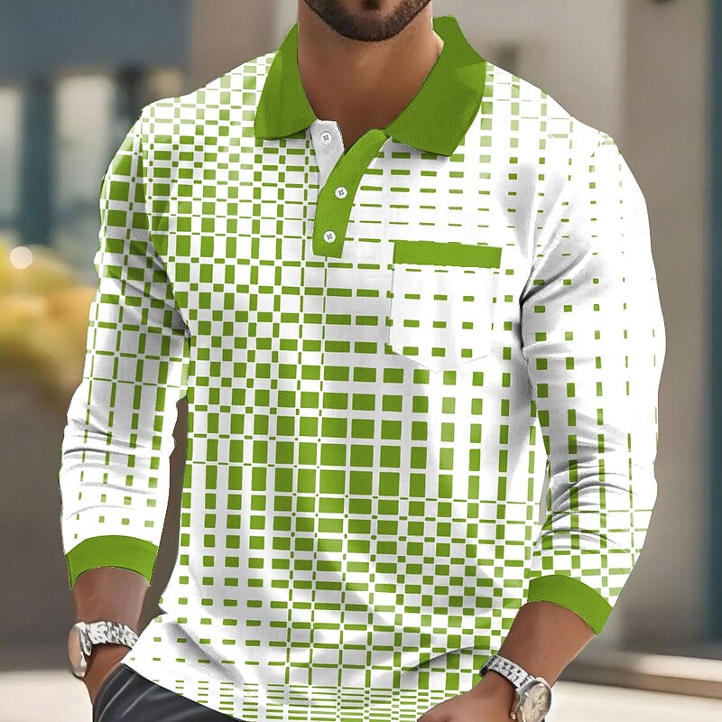 Men's Geometric Polo Long Sleeve Polo Shirts Collared Shirts Business Casual Business Athleisure Daily Wear Buttons Pocket 3D Print Spring Fall Winter Black Blue Sky Blue4