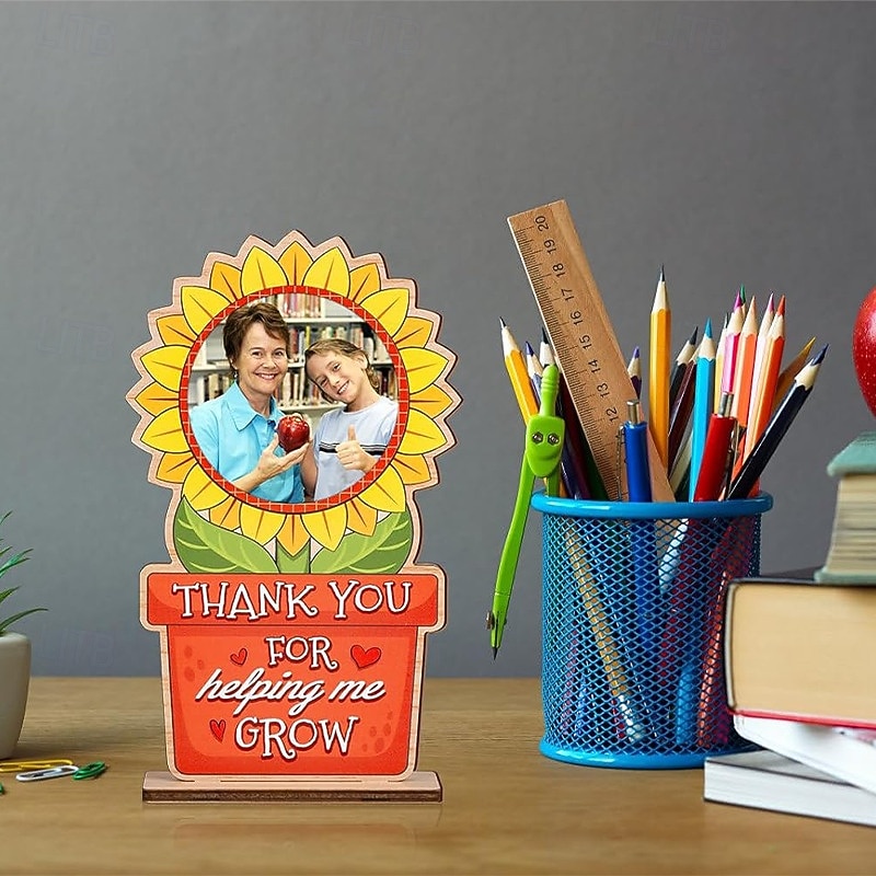 Personalized Photo Wooden Frame Decoration Custom Gift for Teacher, Thank You for Helping Me Grow Plaque, End of Year Graduation Gift from Student to Preschool or Kindergarten Teacher4