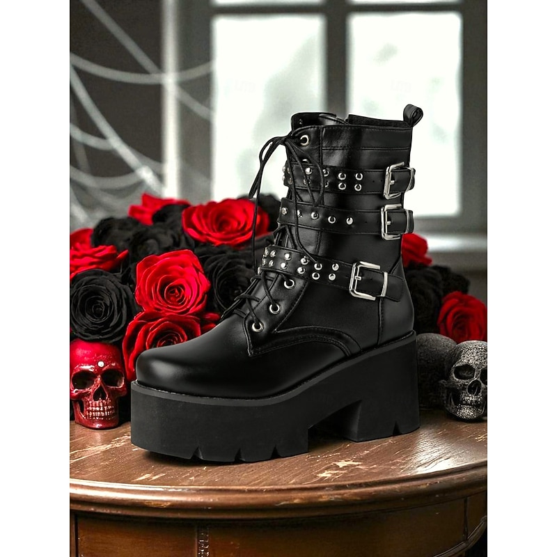 Women's Y2K Gothic Platform Combat Boots - 1980s-Inspired Black Lace-Up Ankle Boots with Studded Straps and Chunky Heels for Cosplay, Halloween,and Punk Streetwear2