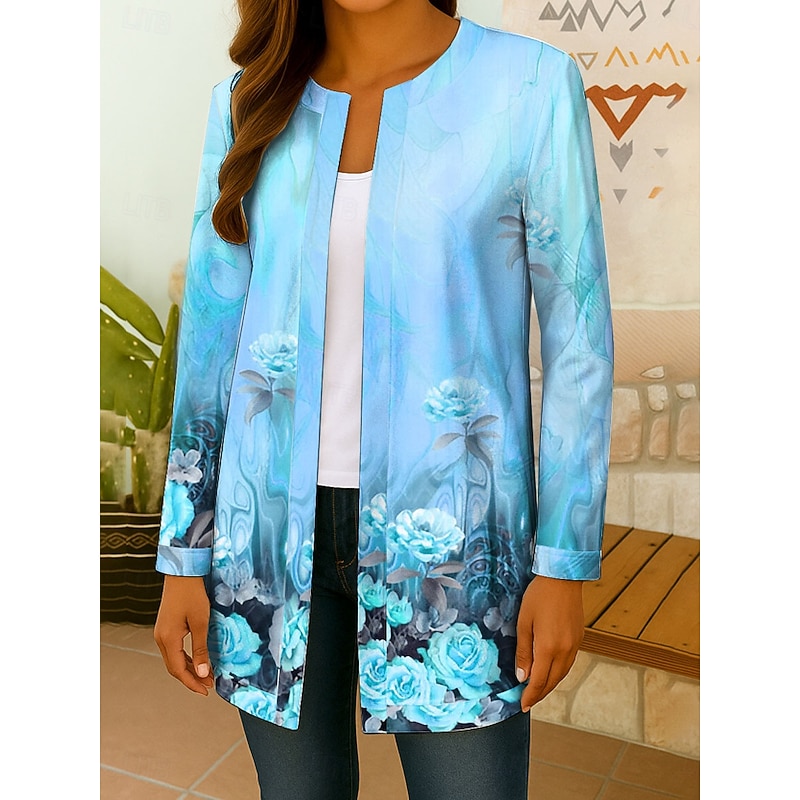Women's Blazer Comfortable Breathable Print Open Front Elegant Vintage Fashion Boho Vintage Floral Work Casual Open Front Regular Collarless Regular Fit Long Sleeve Outerwear Pink Blue Orange Fall3