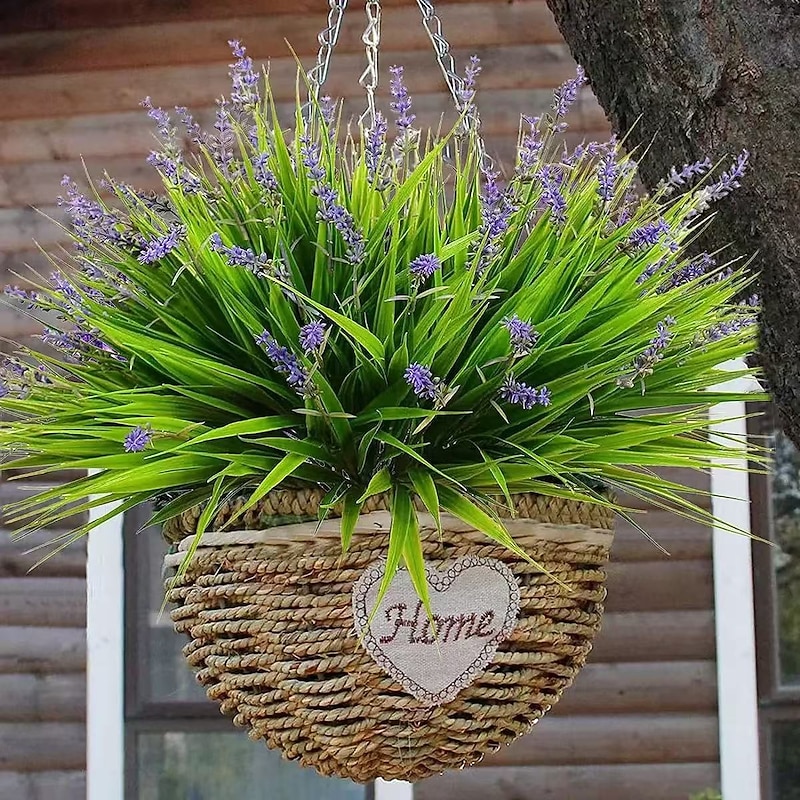 8PCS Artificial Lavender and Monkey Grass Plants, Faux Outdoor Greenery for Garden, Patio, and Home Decoration