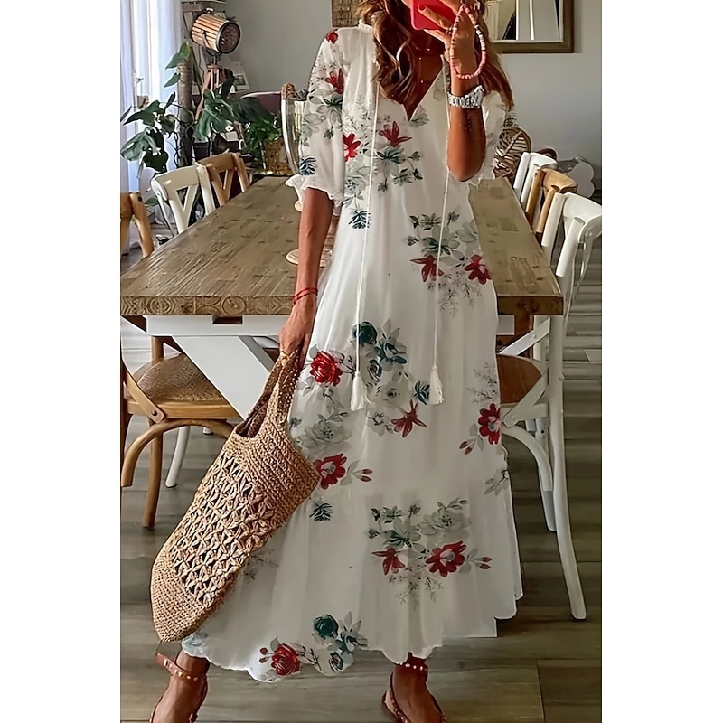 Women's Midi Dress Print Dress Fashion Daily Regular Fit Flower 3/4 Length Sleeve V Neck White Summer