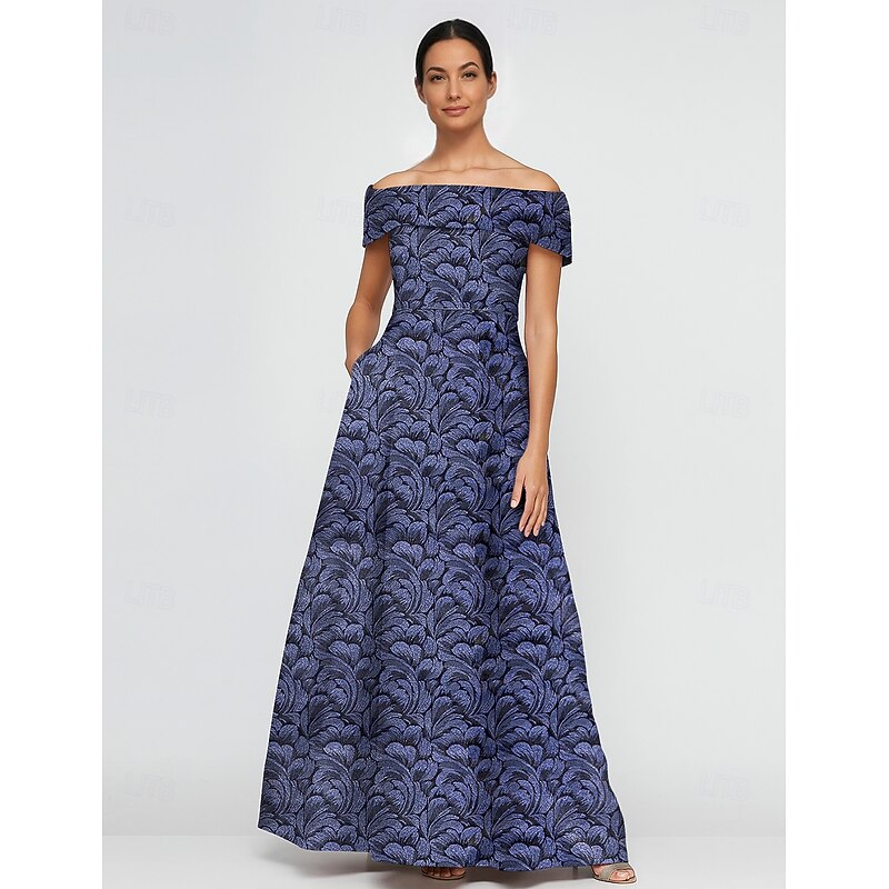 Jacquard Brocade Floral A-Line Cocktail Dresses Elegant Dress Formal Wedding Floor Length Short Sleeve Off Shoulder Nylon with Pocket4