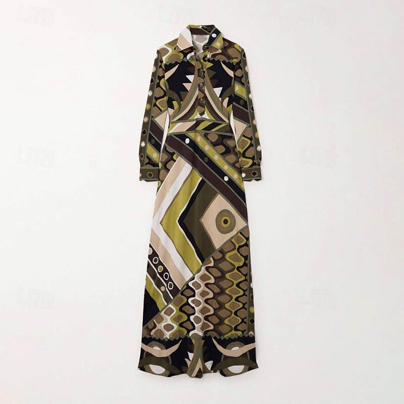 Women's Long Dress Maxi Dress Print Dress Fashion Modern Outdoor Vacation Daily Regular Fit Geometric Long Sleeve Shirt Collar Green Fall3