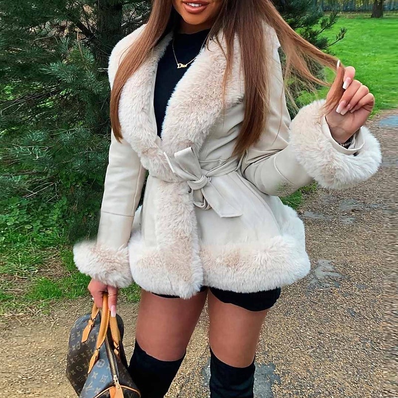 Women's Casual Jacket Warm Comfortable Fur Collar Fashion Plain Going out Weekend Walking Regular Turndown Regular Fit Long Sleeve Outerwear Black Brown Beige Fall Winter3