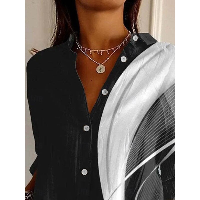 Women's Shirt Geometric Active Daily Stylish Long Sleeve Shirt Collar Regular Tops Daily Holiday Buttons Print Black White Spring Fall3
