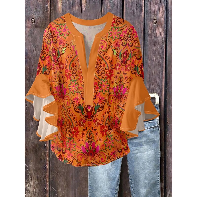 Women's Blouse Floral Stylish Modern 3/4 Length Sleeve V Neck Regular Tops Daily Holiday Ruffle Print Pink Blue Orange Green Summer2