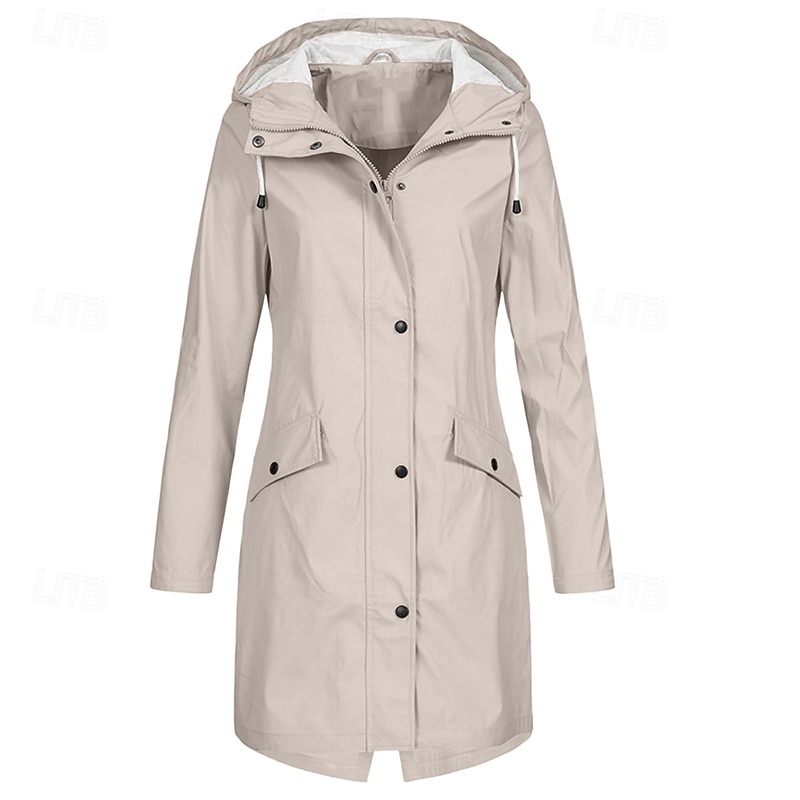 Women's Trench Coat Waterproof Warm Zipper Pocket Casual Plain Outdoor Street Holiday Going out Zipper Long Hooded Regular Fit Long Sleeve Outerwear White Wine Navy Blue Fall Winter3