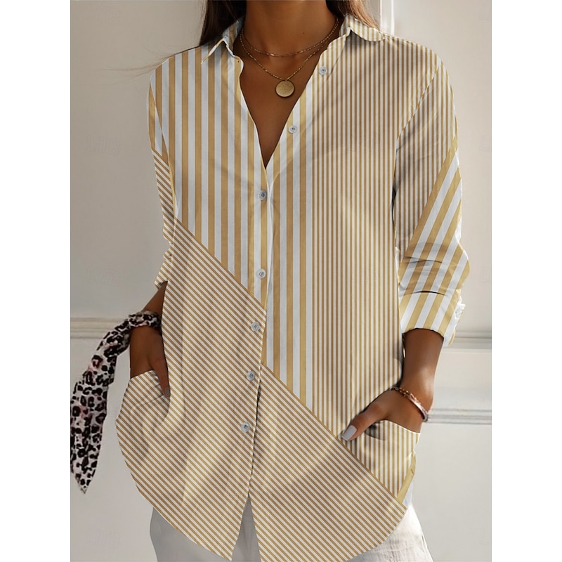 Women's Shirt Striped Active Daily Stylish Long Sleeve Shirt Collar Regular Tops Daily Holiday Buttons Print Blue Purple Green Khaki Gray Spring Fall2