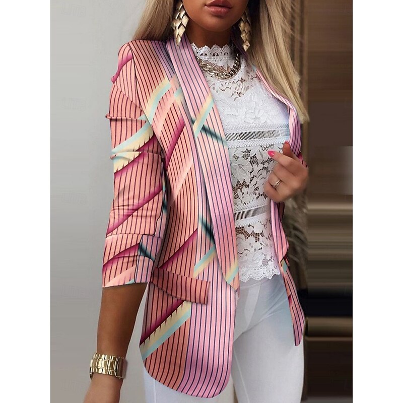 Women's Blazer Comfortable Breathable Pocket Print Casual Geometric Office Street Casual Daily Wear Open Front Regular Turndown Regular Fit Long Sleeve Outerwear Black White Pink Summer Spring2