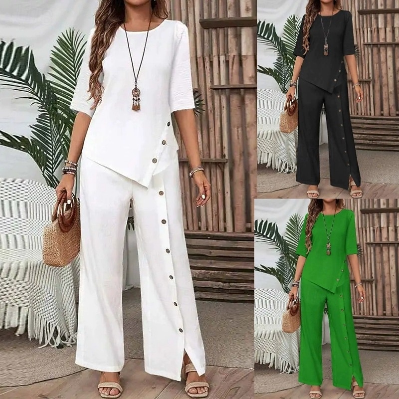 Women's Elegant Fashion Streetwear Pants Sets Half Sleeve Round Neck Solid Color Patchwork Casual Daily Black White Green Summer Regular Fit