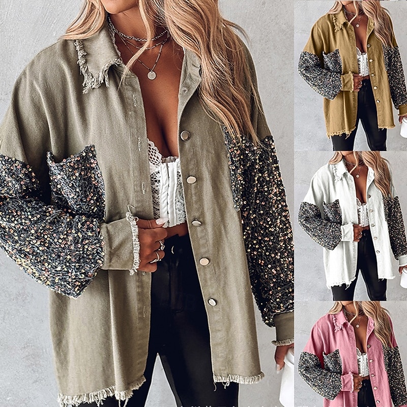 Women's Shirt Jacket Casual Jacket Breathable Comfortable Pocket Sequin Casual Plain Vacation Street Casual Daily Wear Single Breasted Regular Lapel Regular Fit Long Sleeve Outerwear Light Blue White