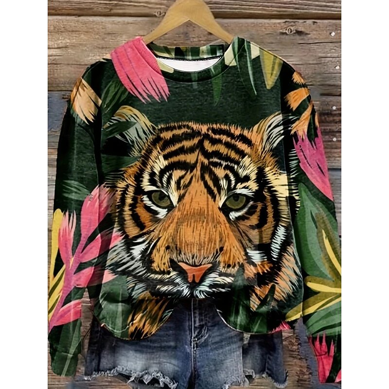 Women's Pullover Sweatshirt Graphic Animal Warm Active Vintage Long Sleeve Crew Neck Round Neck Regular Tops Street Dailywear Casual Print Black Yellow Pink Dark Pink Blue Spring Fall Winter2