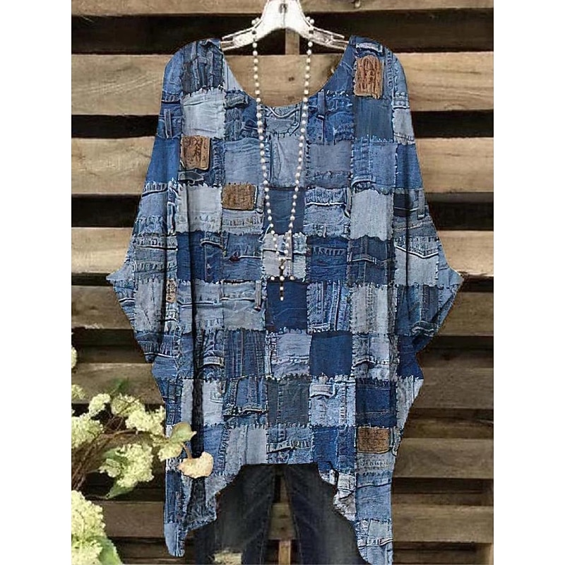 Women's Boho Shirt Graphic Geometric Elegant Bohemia Vintage Short Sleeve Batwing Sleeve Crew Neck Regular Tops Daily Holiday Beach Wear Print Denim Blue Light Brown Blue Orange Rainbow Summer Spring3