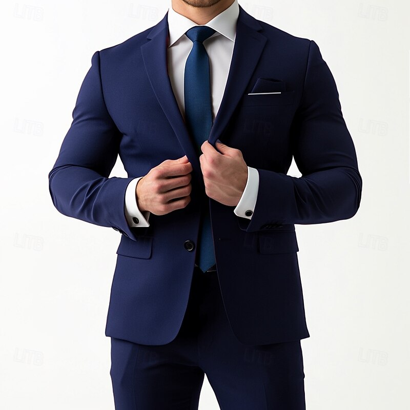 Men's Business Suits Notch Lapel Burgundy Navy Blue Formal WorkWear Solid Colored Standard Fit 2 Piece Single Breasted Two-buttons