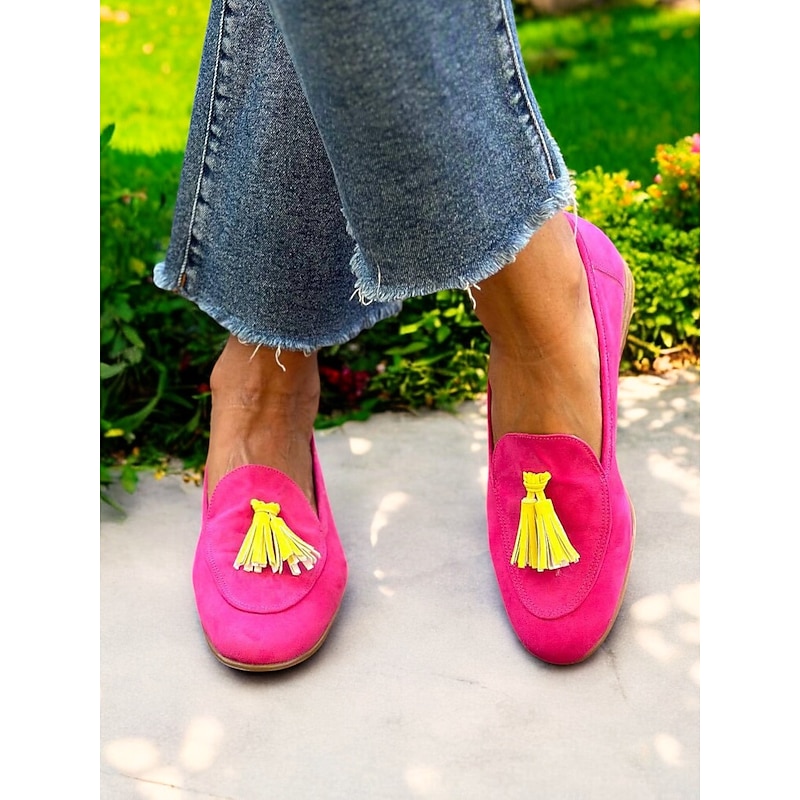 Women's Fuchsia Suede Tassel Slip-On Loafers – Bold and Playful Casual Flats for Summer Street Style2