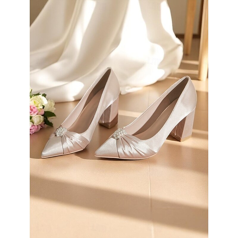 Women's Ivory Satin Block Heel Wedding Pumps, Pointed Toe Pearl Embellished Formal Bridal Shoes for Elegant Ceremonies