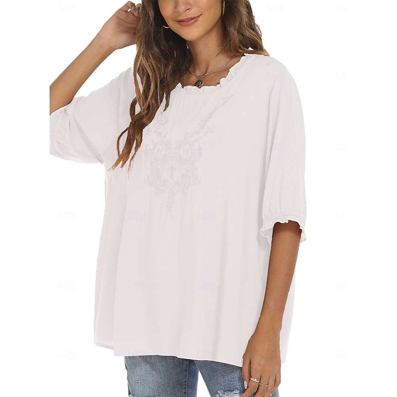 Women's Shirt Solid Color Floral Casual Boho 3/4 Length Sleeve Elbow Sleeve Crew Neck Regular Tops Daily Going out Ruffle Embroidered Black White Red Khaki Summer