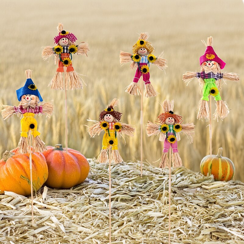 6pcs Fall Thanksgiving Wooden Scarecrow Picks Set, Harvest Season Stick Decorations for Floral Bouquets, Table Centerpieces, Rustic Farmhouse Display4