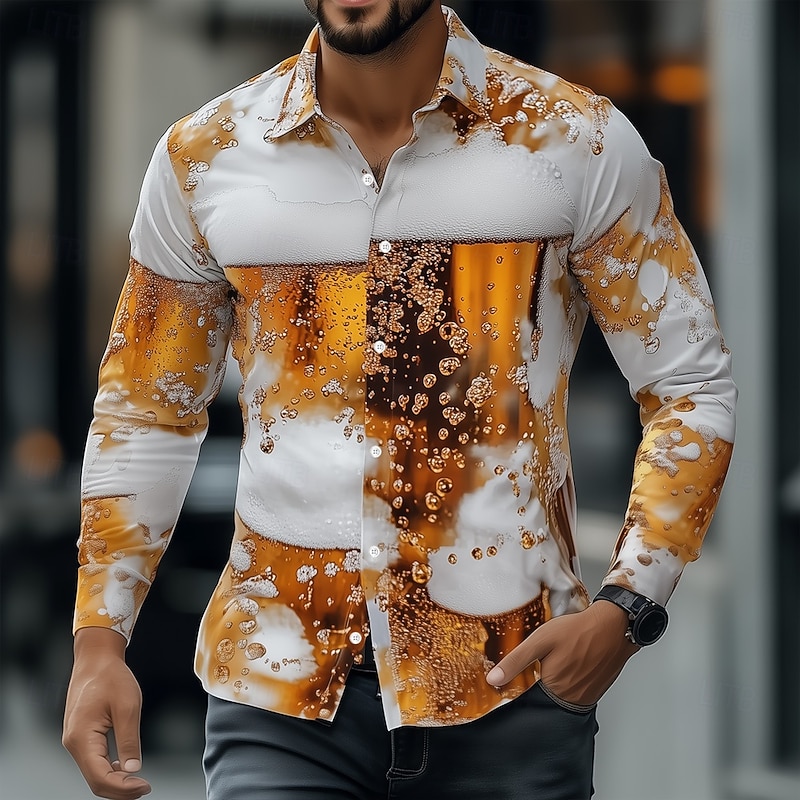 Men's Optical Illusion Oktoberfest Beer Shirt Button Down Shirt Hawaiian Shirts Long Sleeve Hawaiian Outdoor Vacation Holiday Summer Spring Turndown 3D Print Collared Shirts Yellow Brown