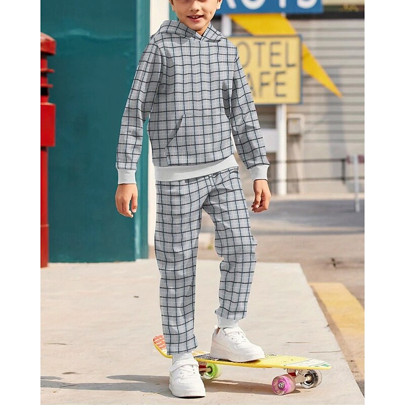 Boys' 3D Plaid Hoodie & Sweatpants Set Sports Suit Tracksuits Long Sleeve Spring Fall Daily Basic Casual Kids 4-12 Years Hooded Outdoor Vacation Sports Tailored Fit