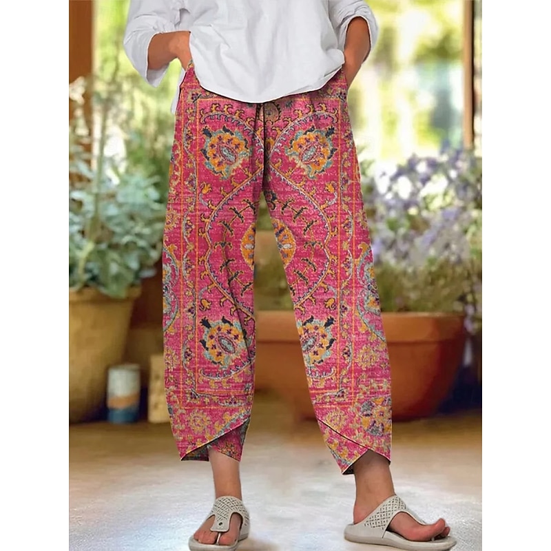 Women's Chinos Baggy Pants Vacation Vintage Ethnic Style Ankle-Length High Waist Graphic Geometric Paisley Drawstring Patchwork Printing Breathable Micro-elastic Vacation Casual Daily Magenta Summer