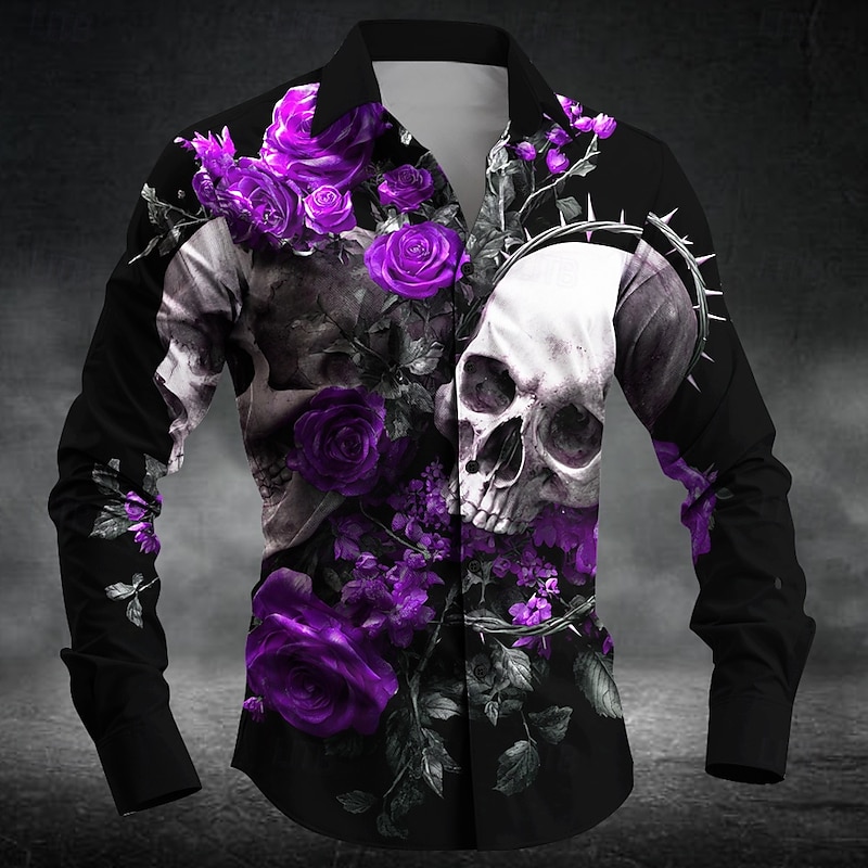 Men's Romantic Halloween Costumes Day of the Dead Shirt Button Up Shirt Long Sleeve Dark Gothic Style Holiday Streetwear Summer Spring Turndown 3D Print Collared Shirts Black Yellow Blue Purple Orange4
