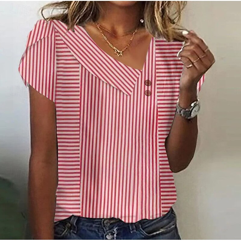 Women's Blouse Graphic Striped Elegant Stylish Casual Short Sleeve Asymmetrical Regular Tops Daily Holiday Buttons White Red Blue Summer Spring