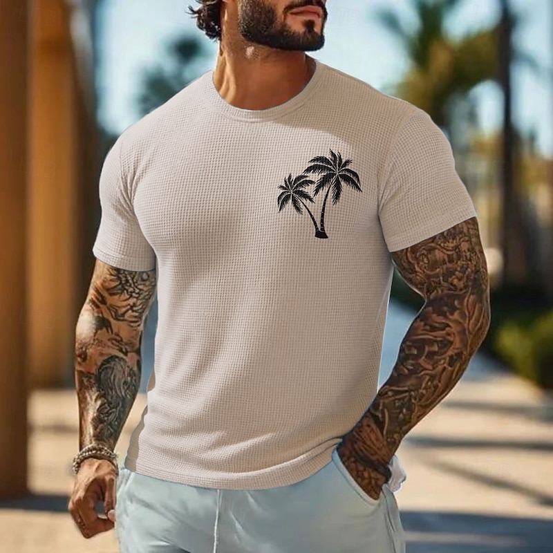 Men's Palm Tree Waffle Shirt Short Sleeve T shirt 3D Print Crew Neck Shirt Vacation Tropical Fashion Vacation Street Casual Light Blue Light Green Pink Summer Spring Clothing Apparel S M L XL XXL XXXL3