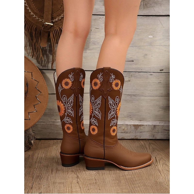 Women's Western Cowboy Boots with Sunflower Embroidery – Vintage Faux Leather Festival Boots with Belt Detail for Music Festivals and Casual Wear2
