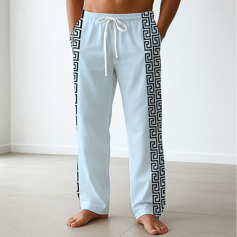 Men's Greek Key Meander Trousers Baggy Pants Casual Pants Mid Waist Ethnic Style Outdoor Vacation Drawstring Side Pockets Elastic Waist Summer Spring 3D Print White Blue Green3