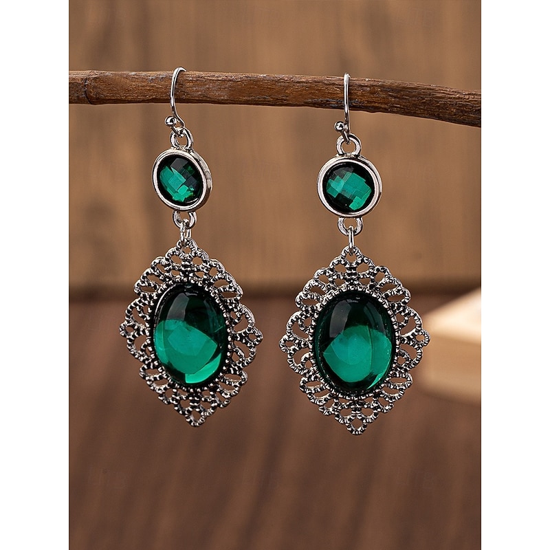 Vintage Green Gem Dangle Earrings - Silver - Tone Filigree Drop Earrings for Women