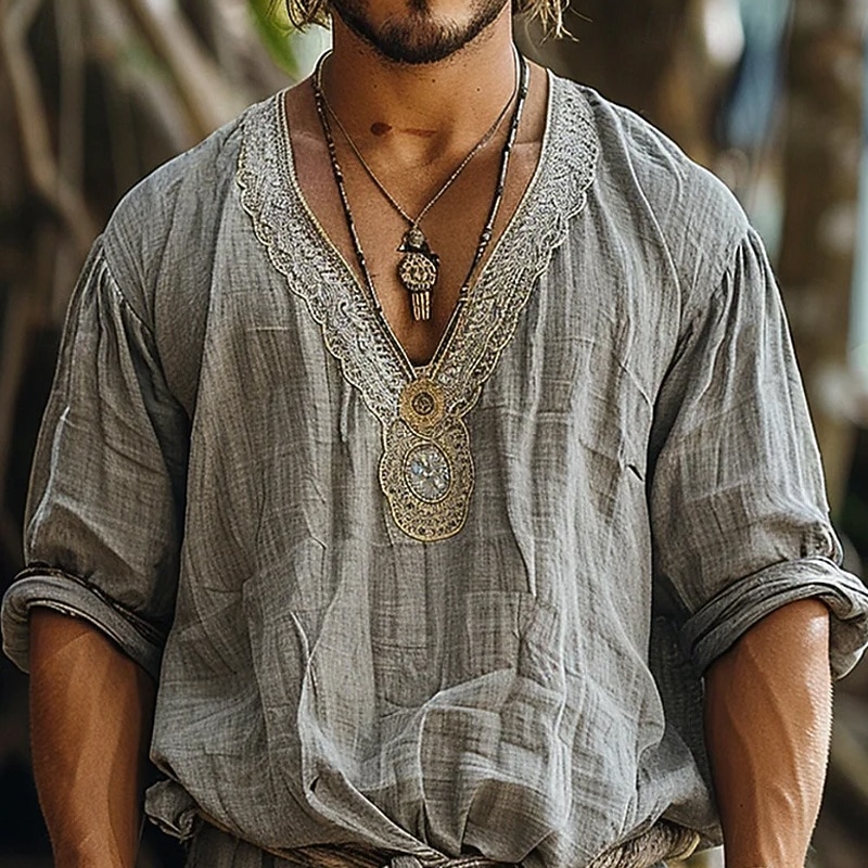 Men's Shirt Linen Shirt Popover Shirt Summer Shirt Beach Wear Plain Vacation Street Green Coffee Gray Long Sleeve V Neck Summer Spring Clothing Apparel