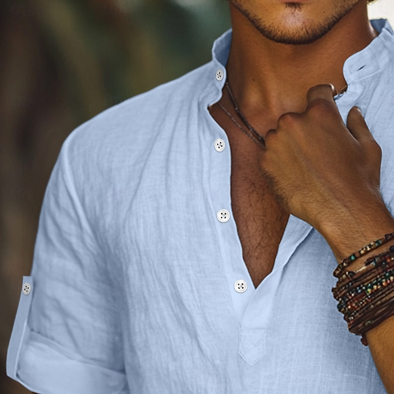 Men's Linen Shirt Popover Shirt Casual Shirt Beach Shirt Band Collar Shirt Plain Vacation Casual White Blue Orange Army Green Long Sleeve Mandarin Collar Summer Spring & Summer Clothing Apparel2