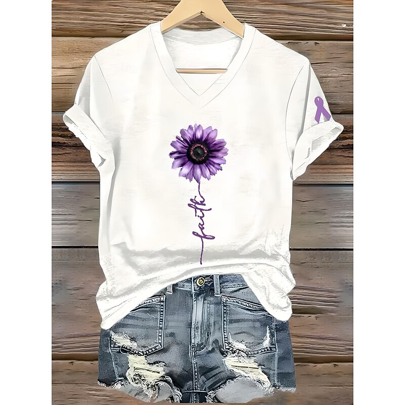 Women's Alzheimer's Print T Shirt Floral Graphic Plants Vintage Stylish Classic Short Sleeve Crew Neck Round Neck Regular Tops Daily Going out Weekend Print Black White Purple Summer4