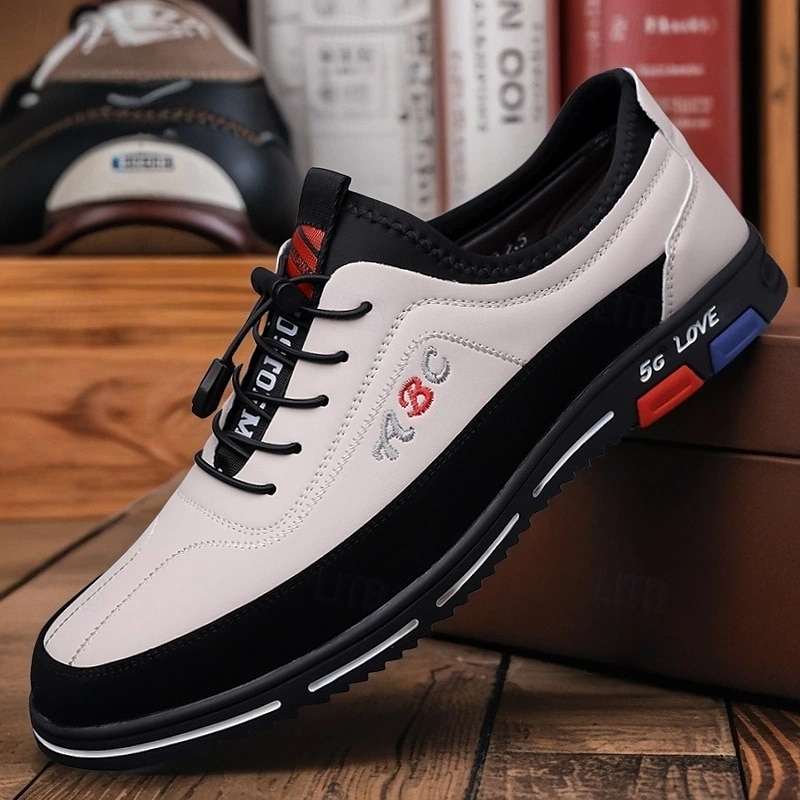 Men's Premium White and Black Faux Leather Lace-Up Sneakers with Vibrant Color Accents for Sports and Leisure