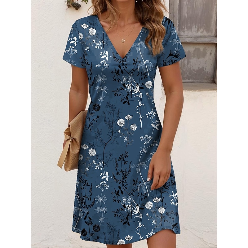 Women's Midi Dress T Shirt Dress Tee Dress Sundress A Line Dress Vacation Casual Beach Going out Beach Regular Fit Floral Graphic Short Sleeve V Neck White Blue Green Dark Blue Summer Spring4