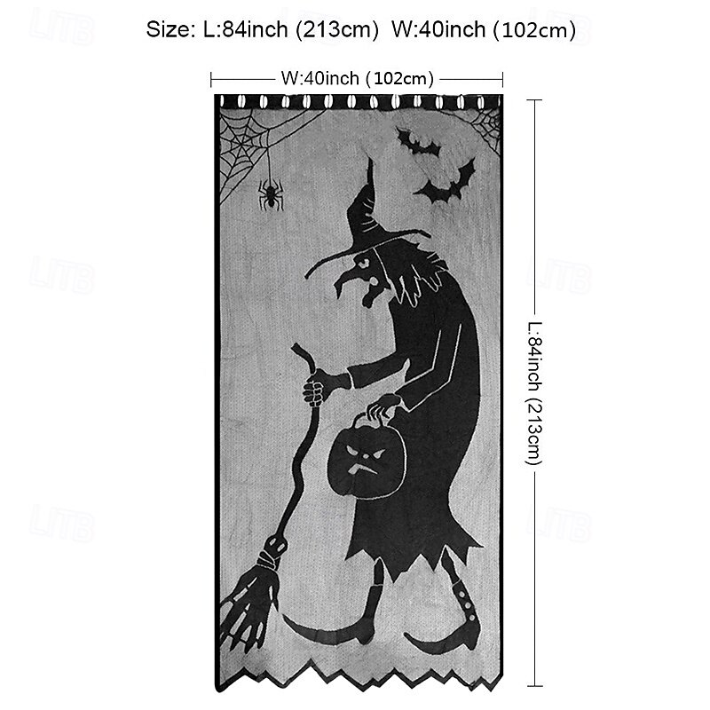 Halloween Scary Witch Front Door Curtain Decoration, Halloween Broomstick Bats Flying Jagged Bottom Display4