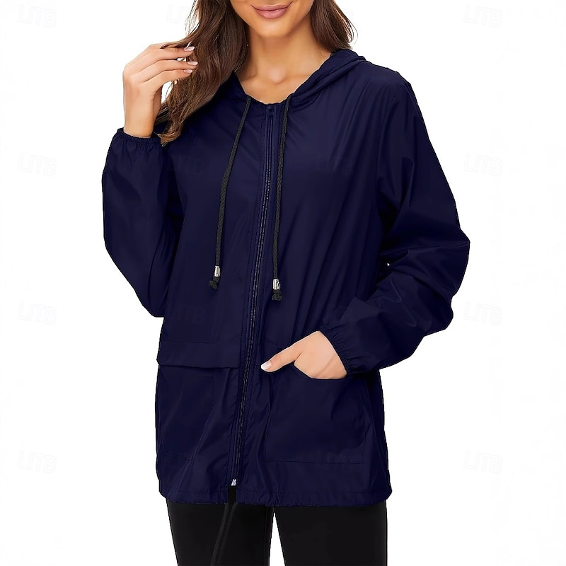 Women's Jacket Outdoor Daily Wear Spring &  Fall Regular Coat Hooded Sports & Outdoors Jacket Pocket Front Zip Black Navy Blue3