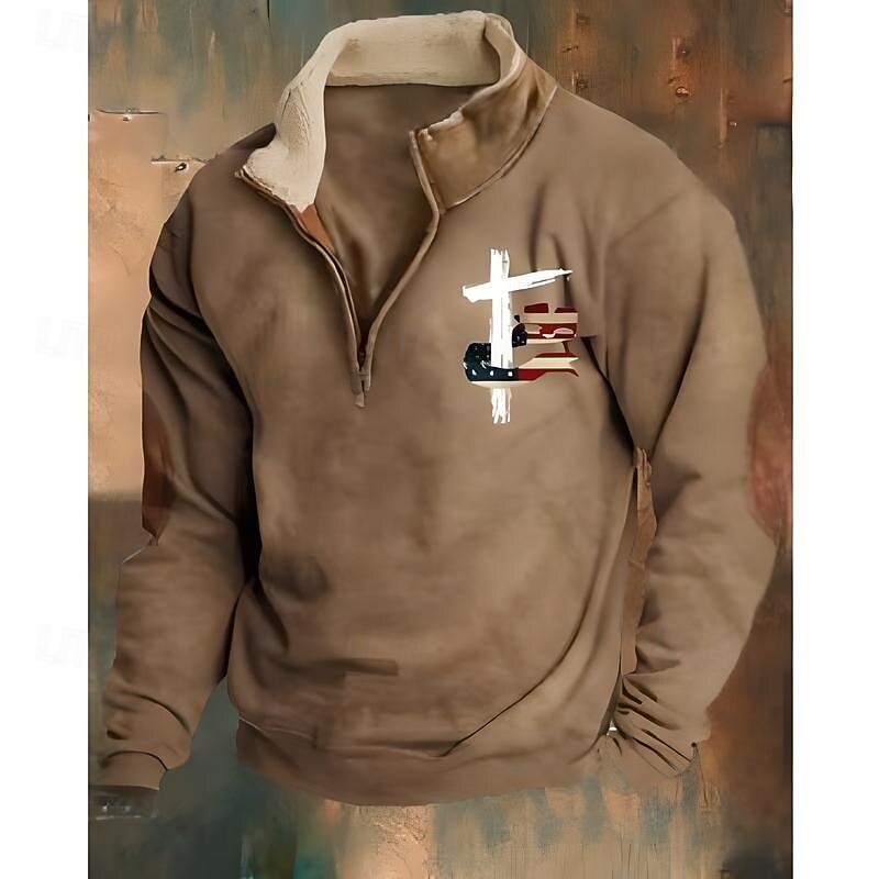 Men's Sweatshirt Quarter Zip Sweatshirt Black Brown Half Zip Color Block Cross American Flag Half Zip Print Sports & Outdoor Daily Holiday Polyester Vintage Streetwear Casual Fall & Winter Clothing2