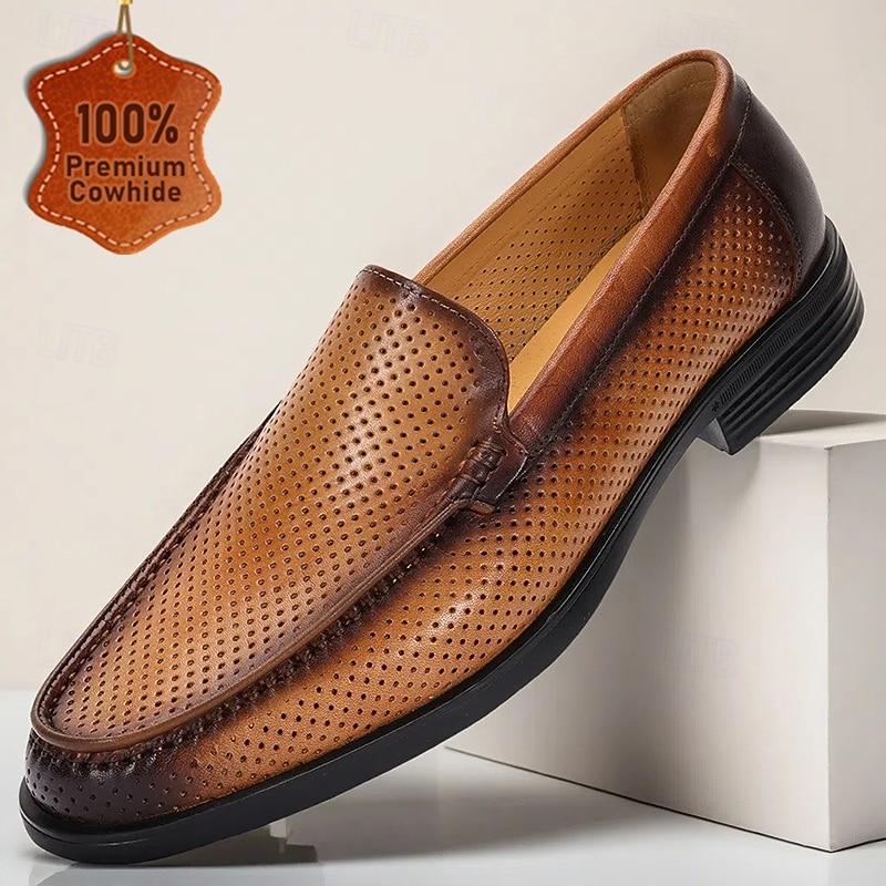 Brown Perforated Leather Loafers for Men with Soft Leather and Modern Slip-On Design - Ideal for Business Casual Relaxed Weekend Wear and Evening Outings