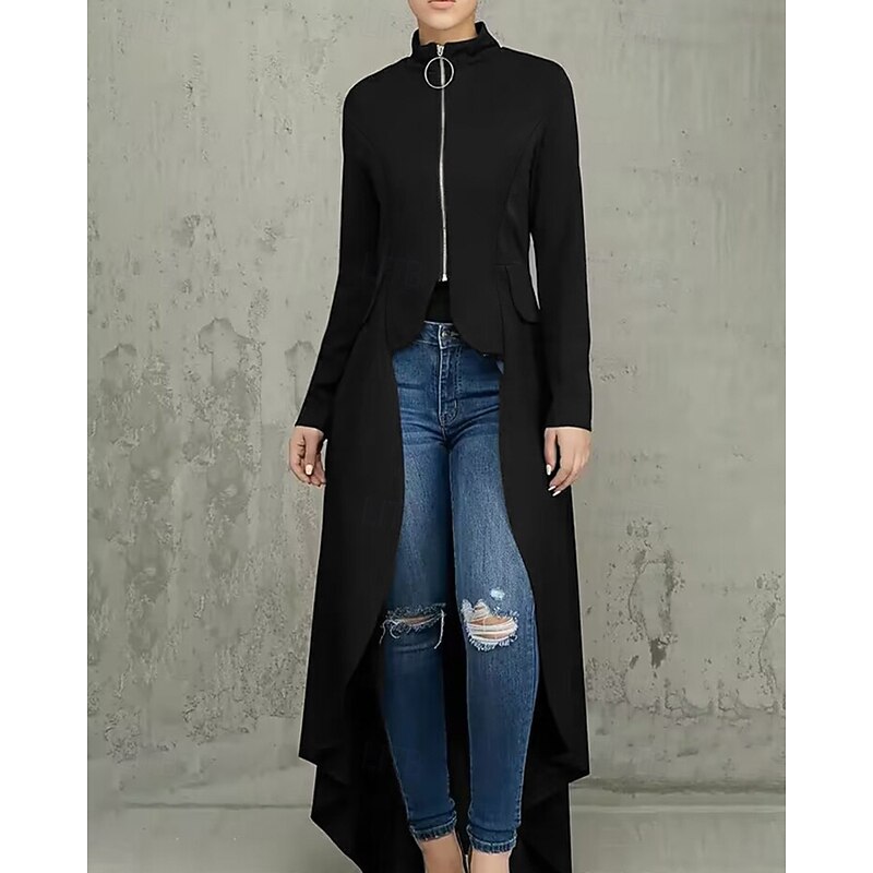 Women's Casual Jacket Comfortable Zipper Irregular Hem Elegant Fashion Plain Street Weekend Zipper Long Stand Collar Regular Fit Long Sleeve Outerwear Black Burgundy Fall Winter