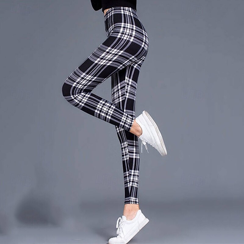 Women's Tights Leggings Cozy Leggings Streetwear Casual Full Length High Waist Plaid Elastic Waist Breathability Stretchy Vacation Street Daily Wear Magenta Dark red Wine Black Fall Regular Fit2