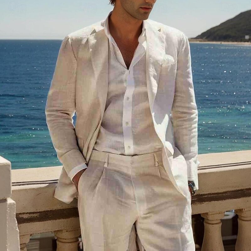 Men's Wedding Linen Suits White Half Lined Lightweight Casual Summer Solid Colored Standard Fit 2 Piece Single Breasted One-button